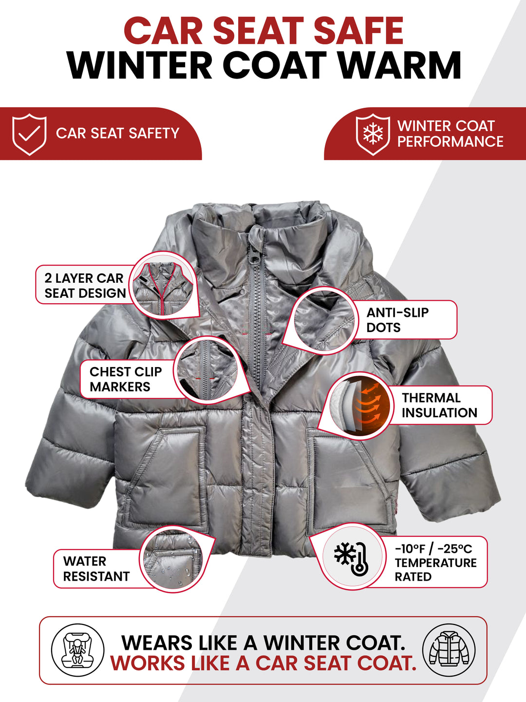The Road Coat Vegan - Platinum - Car Seat Safe Winter Coat Features