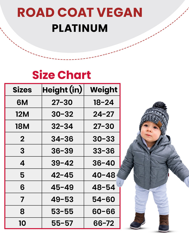 The Road Coat Vegan - Platinum - Kids Winter Coat Size Chart