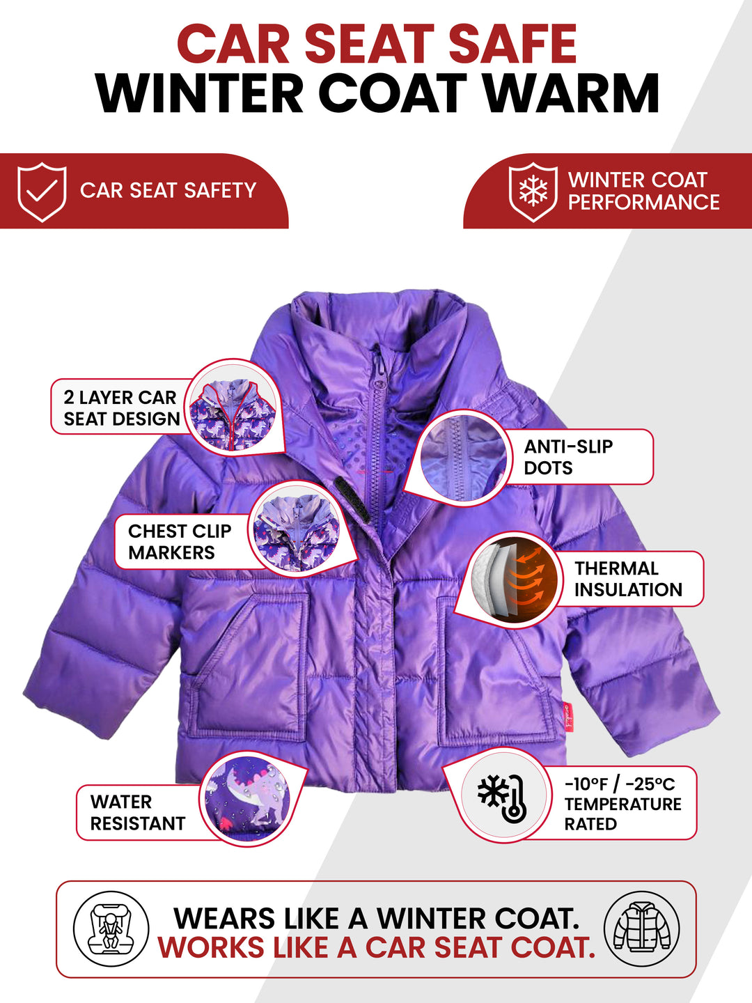 The Road Coat Vegan - Purple - Car Seat Safe Winter Coat Features
