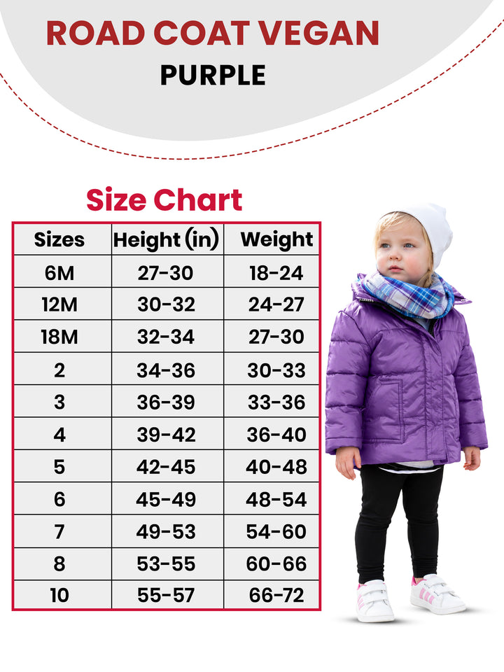 The Road Coat Vegan - Purple - Kids Winter Coat Size Chart
