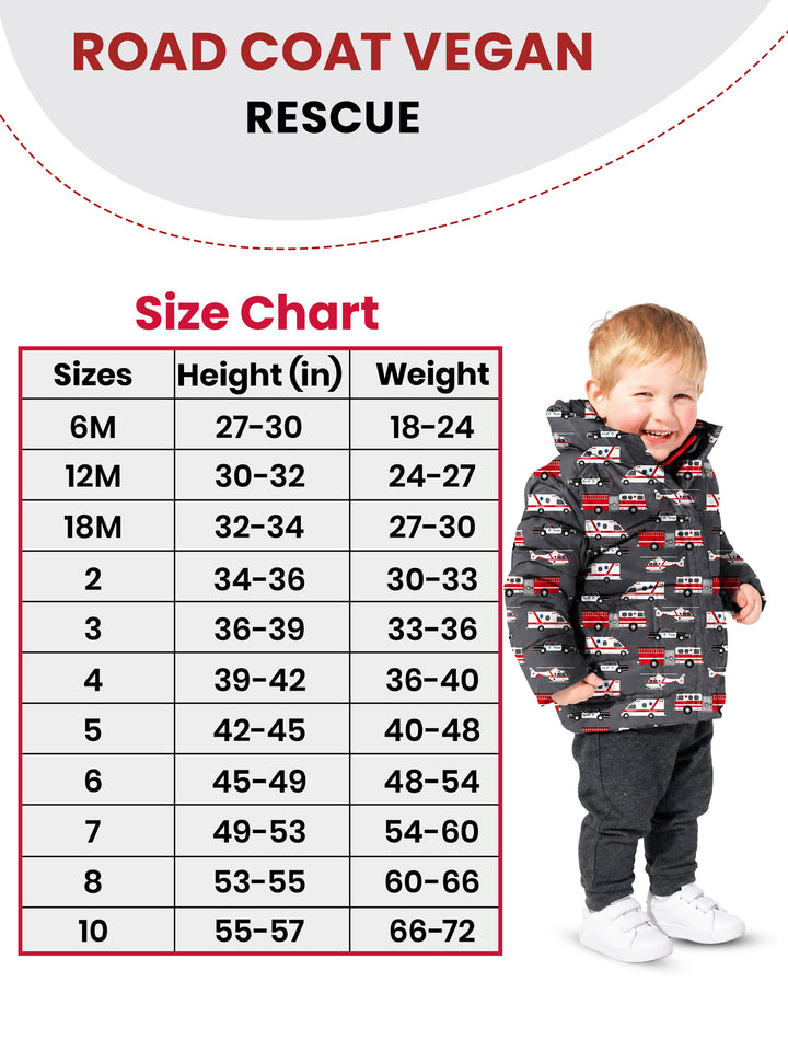 The Road Coat Vegan - Rescue - Kids Winter Coat Size Chart