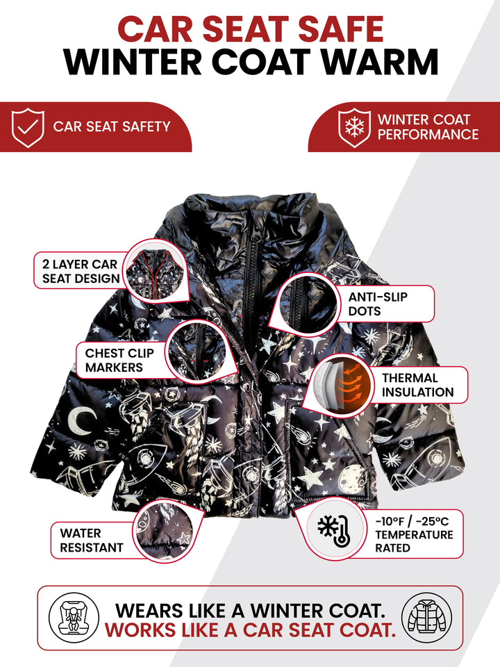 The Road Coat Vegan - Rocketship Print- Car Seat Safe Winter Coat Features