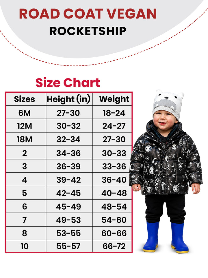 The Road Coat Vegan - Rocketship Print- Kids Winter Coat Size Chart