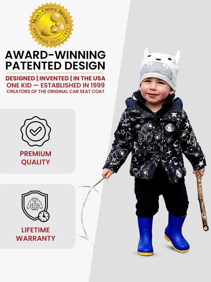 The Road Coat Vegan - Rocketship Print- Award-Winning Patented Kids Coat