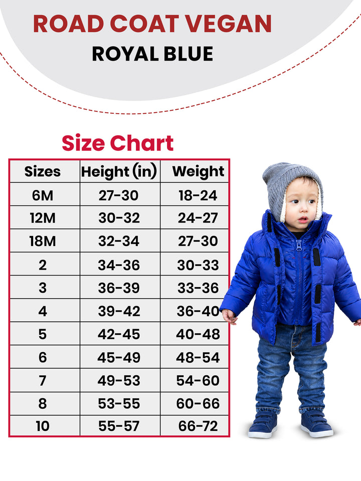 The Road Coat Vegan - Royal Blue - Kids Winter Coat Size Chart