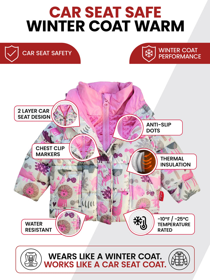 The Road Coat Vegan - Safari Print - Car Seat Safe Winter Coat Features