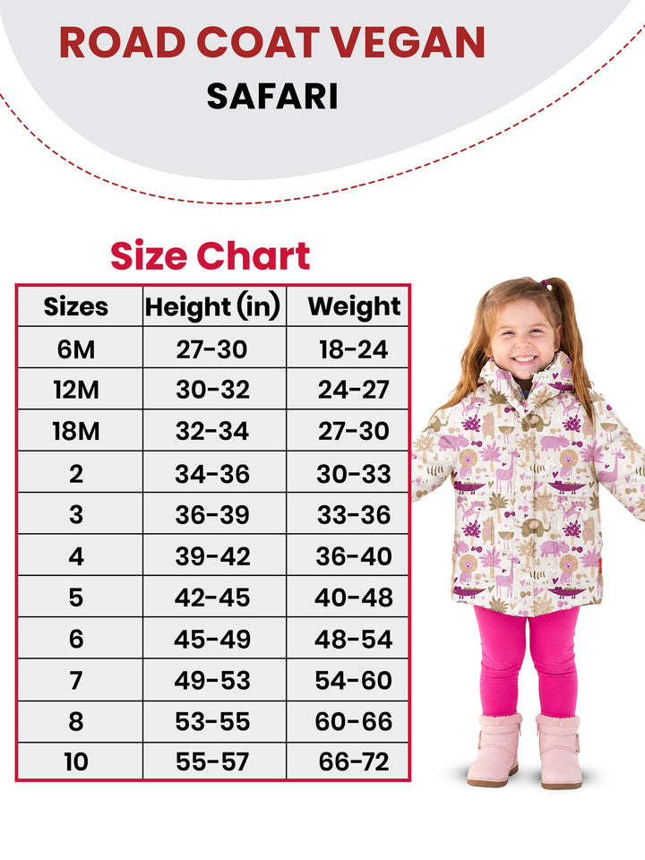The Road Coat Vegan - Safari Print - Kids Winter Coat Size Chart