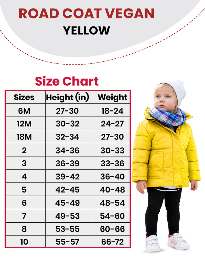 The Road Coat Vegan - Yellow- Kids Winter Coat Size Chart